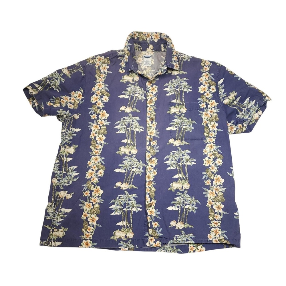 Old Navy Mens XL Floral Hawaiian Shirt Short Sleeve Button Down Blue